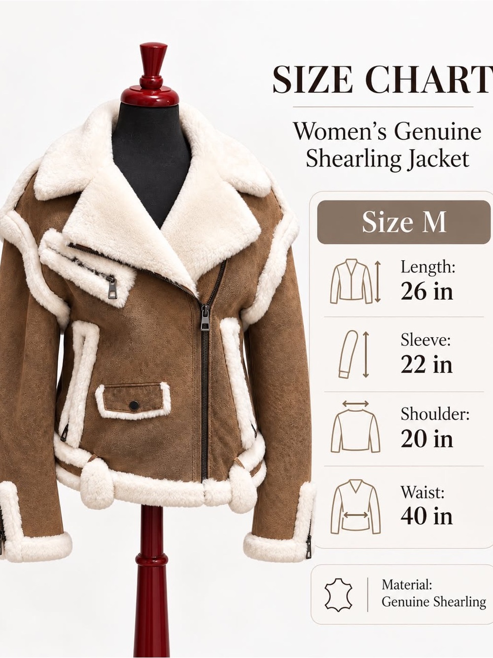 Women’s Brown Faux Shearling Aviator Biker Jacket Cream Fur Trim Zip Up - Picture 6 of 6